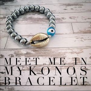 MEET ME IN MYKONOS BRACELET ft. silver hematite, gold seashell, turquoise eye